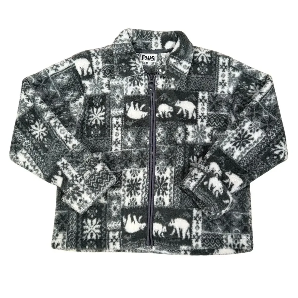 Polar Bear Snowflake Pattern Fleece Zip Jacket Winter Gray White Women’s Large
